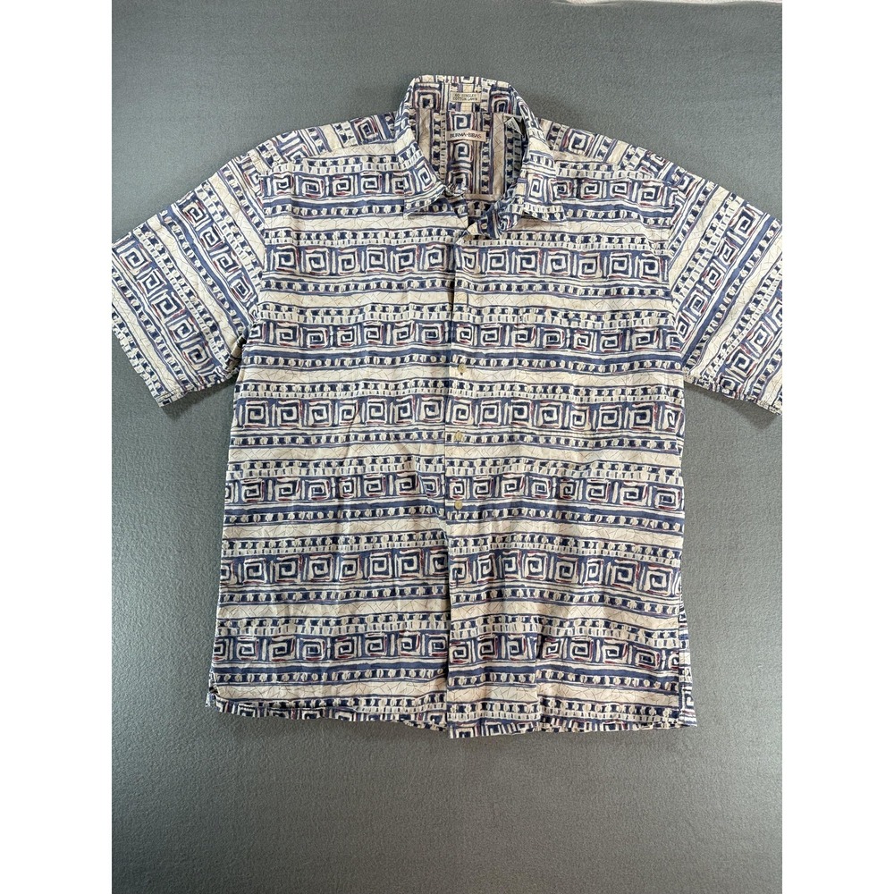 Vintage Burma Bibas Shirt‎ Mens XL Blue Geometric Short Sleeve Button Up Cotton